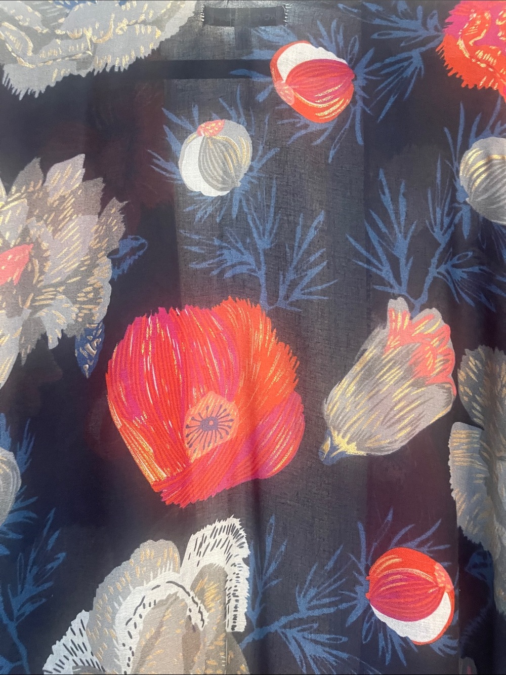 Navy Blue Floral light flowy Kimono with Fuchsia Orange & Gray Blooms NWOT - Picture 6 of 7